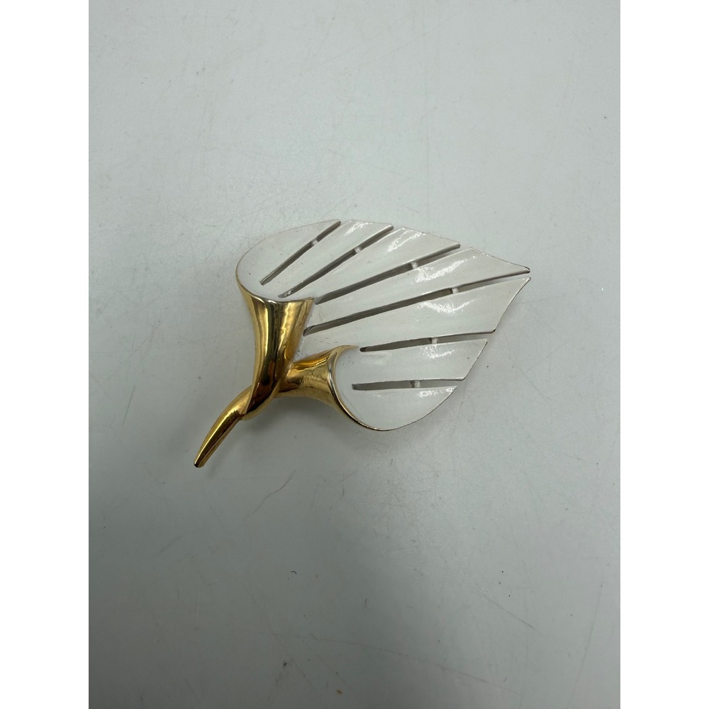 Vintage White Enamel Gold Tone Leaf Brooch Pin Mid Century Botanical